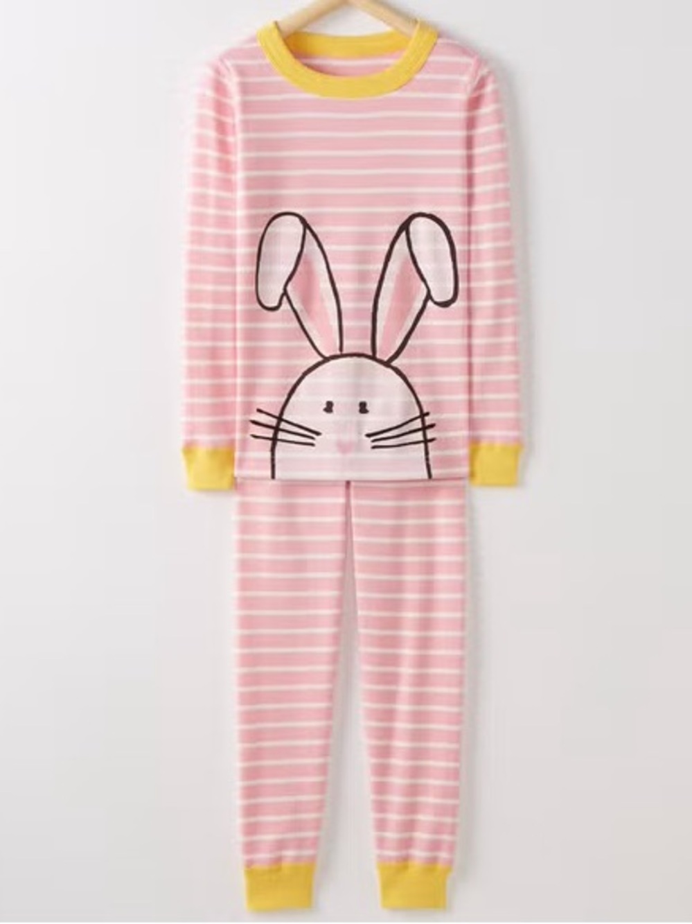 Hanna Andersson Pink Stripe Bunny Long Johns Easter Pajamas with Yellow Trim 3T